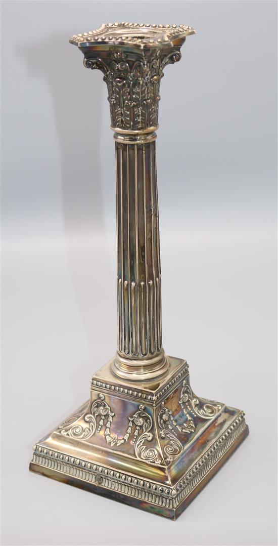 George V silver Corinthian column candlestick, converted to lamp